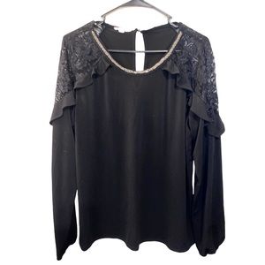 Maurice’s bead embellished lace ruffle long sleeve top, black, stretchy, nwot XL